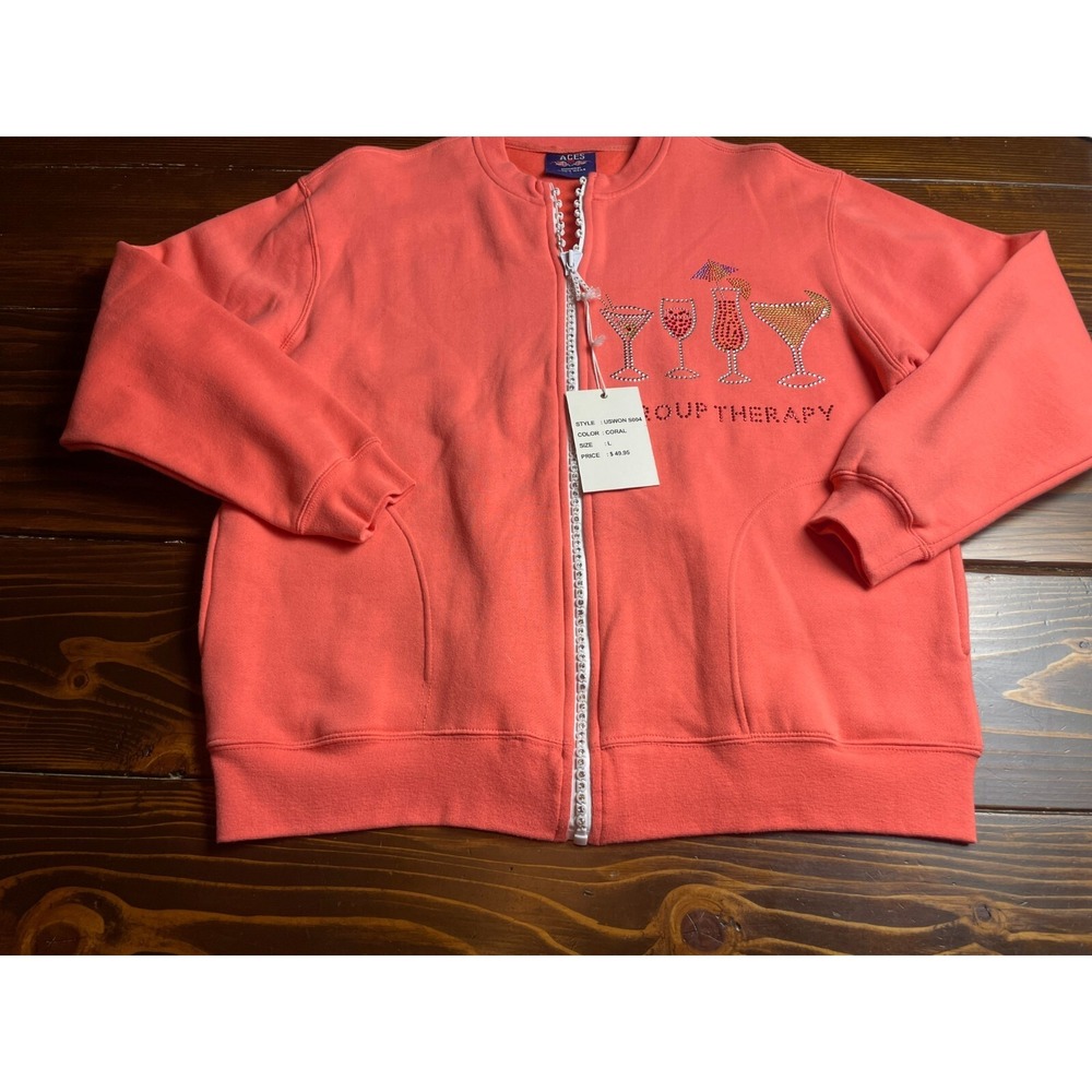 ACES Sweater, Womens Large, Coral Jeweled Group Therapy Drinks Full Zip